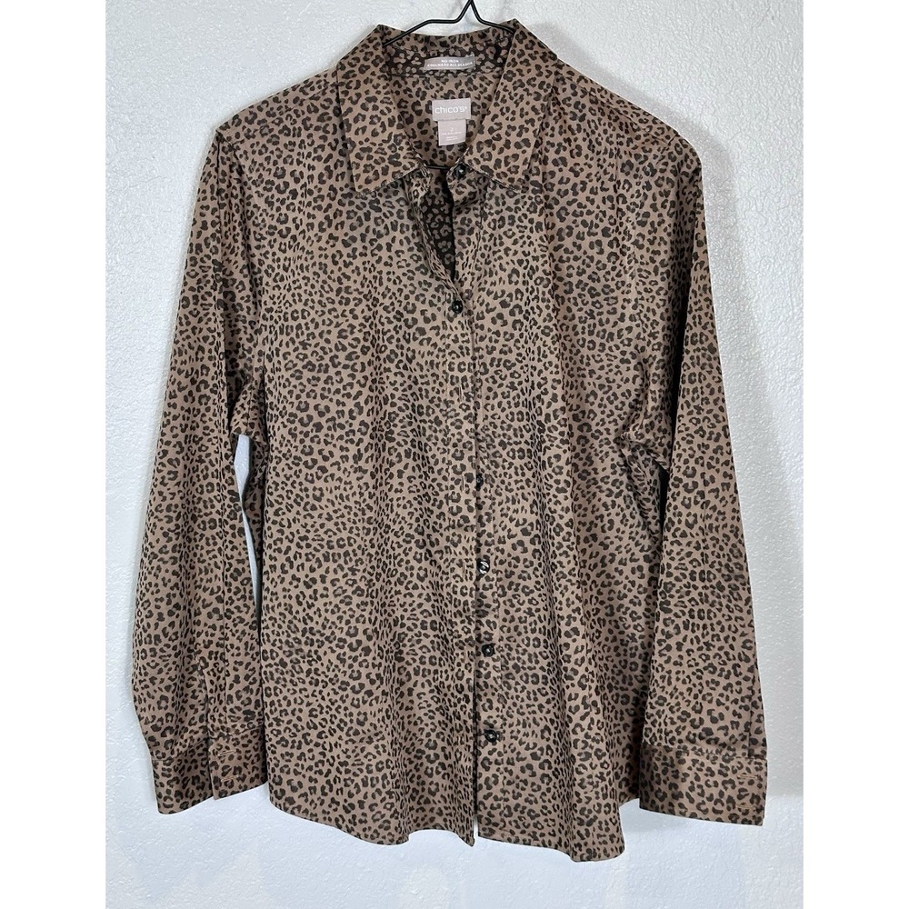 Chico's Women's Size 2 Leopard Print Button-Up Blouse No-Iron Long Sleeve